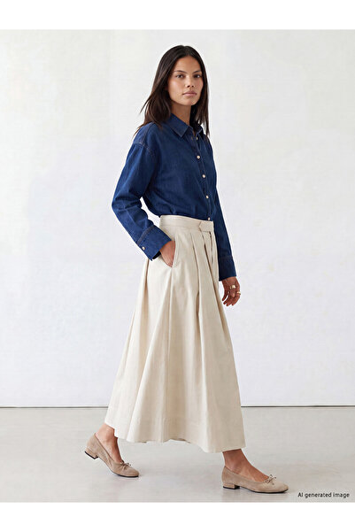 LC Waikiki Beige High Waist Pleated Flared Skirt