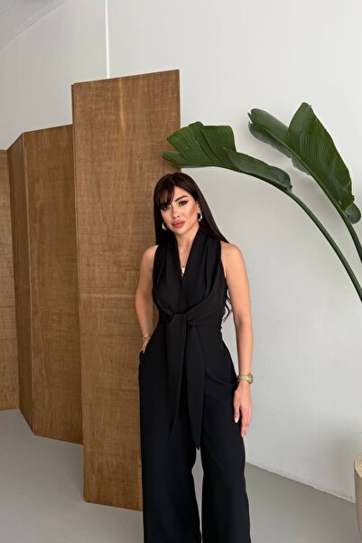 OLSAMODA Women's Halter Neck Atlas Fabric Sleeveless Jumpsuit with Tie-Up Detail