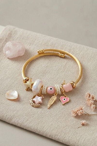 ARMÜZ Moon Star and Heart Model Pink Charm Women's Bracelet
