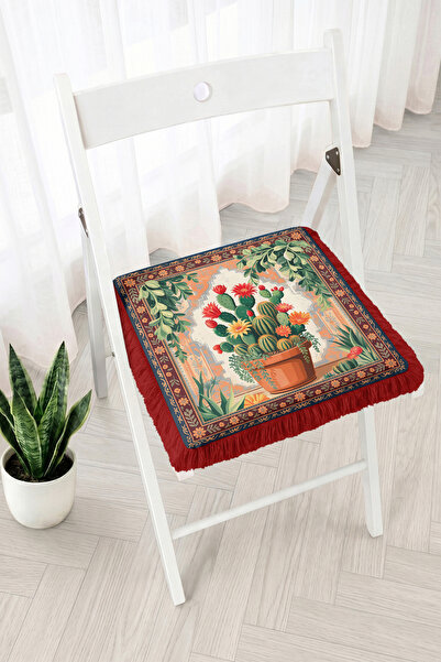 Realhomes Cactus and Flower Patterned Fringed Zippered Chair Cushion in a Pot...