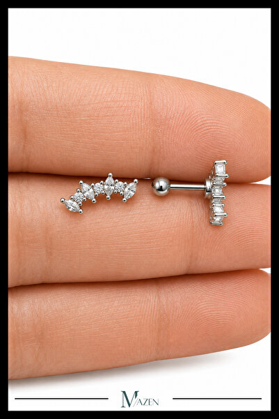 MAZEN Kavisli Taç Tragus Piercing Çelik Gümüş Renk Modern Taşlı Tasarım