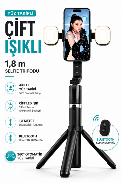 RAYLAX Yüz Takipli Çift LED Işıklı 1,8 Metre Gimbal Selfie Çubuğu Yapay Zeka ...
