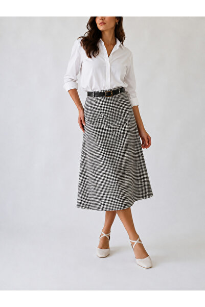 YAXİ Belt-Detail Midi Length Loose Woven Skirt with Houndstooth Pattern