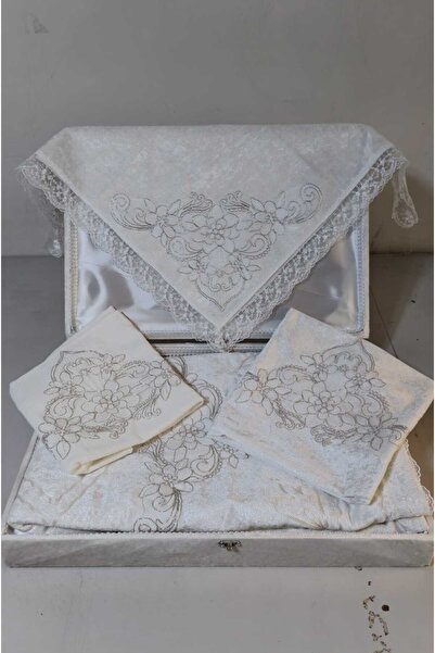 çeyizköşesi Cream Luxury Velvet French Laced 4 Piece Prayer Rug Set-Dowry Bun...