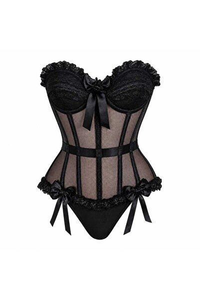 Mihre Wear Siyah Transparan Dantel Büstiyer Body Takımı | Fiyonk Detaylı Fantazi İç Giyim