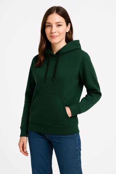calvesa Kadın 3 İplik Pamuklu Kapüşonlu Kanguru Cepli Sweatshirt hoodie - Haki