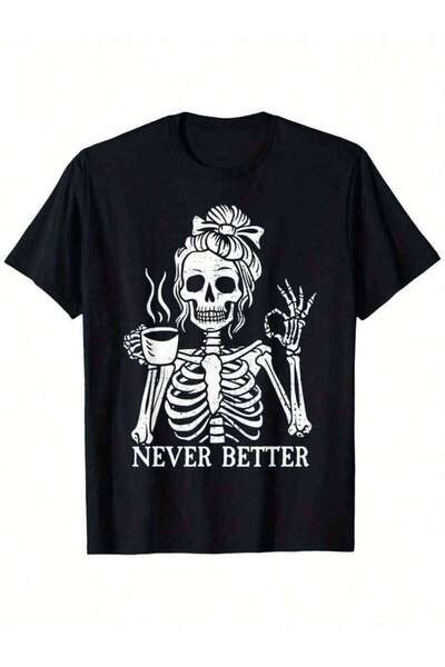 kai22 تي شيرت Never Better Skeleton - قميص نسائي برسومات مرحة بتصميم كعكة وقه...