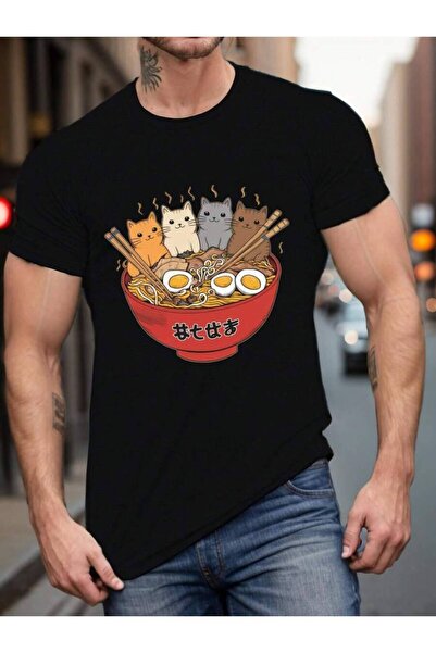 4Car Men'S Casual T-Shirt With Cat Ramen Design Short Sleeves And Round Neck ...