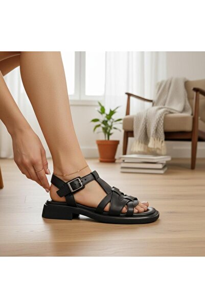 Kuum K147-09 Women's Genuine Leather Blunt Toe Casual Heeled Sandals