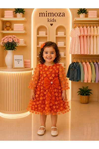 Mimoza Kids Kız Bebek Lila 3D Çiçek İşlemeli Büyük Fiyonk Detaylı Tül Abiye E...