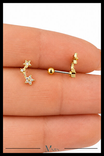 MAZEN Yıldız Kavis Tragus Piercing Çelik Gold Renk Işıltılı Kavis Tasarımı