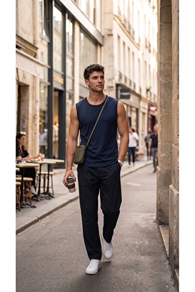 AHMERA Navy Blue Men's Regular Fit Sleeveless Basic T-Shirt