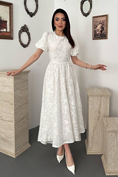 Clothes Fast Women's White Brode Midi Dress with Balloon Sleeves, Gathered Wa...