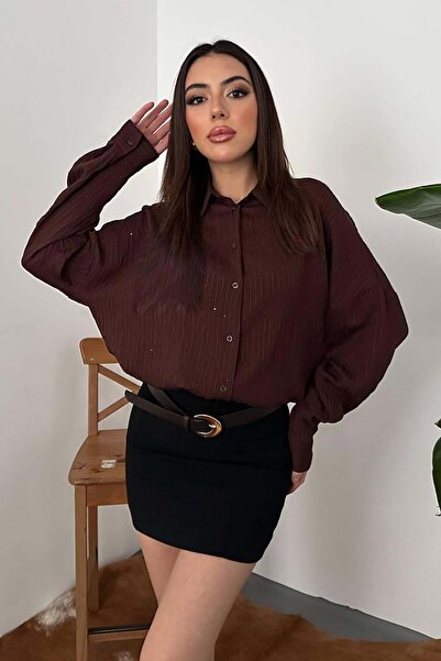 Clothes Fast Women's Brown Shirt Collar Textured Oversize Long Sleeve Buttone...