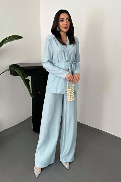 Clothes Fast طقم سترة وبنطلون نسائي باللون الأزرق، سترة مربوطة عند الخصر، ياق...