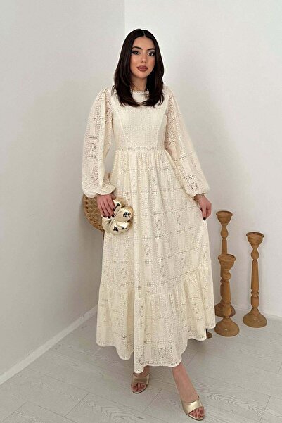 Clothes Fast Women's Ecru Lace Maxi Dress Long Balloon Sleeves Gathered Skirt...