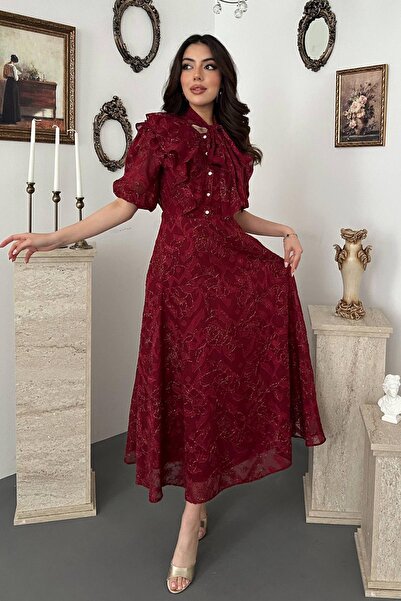 Clothes Fast فستان نسائي متوسط الطول بياقة وشاح وربطة عنق حمراء وأكمام بالون ...