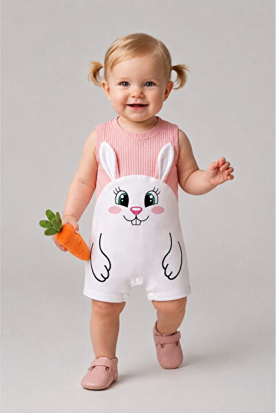 BABYDEN'S Baby Girl Romper Summer 100% Cotton Ribbed Sleeveless Rabbit Printe...