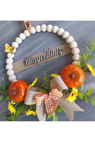 lolipophobi Wooden Beaded Welcome Sign with Orange Pumpkin Detail and Jute Ri...