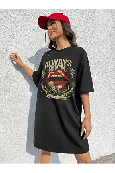 classy moda Rochie tricou oversize cu imprimeu Rebel Lips pentru femei