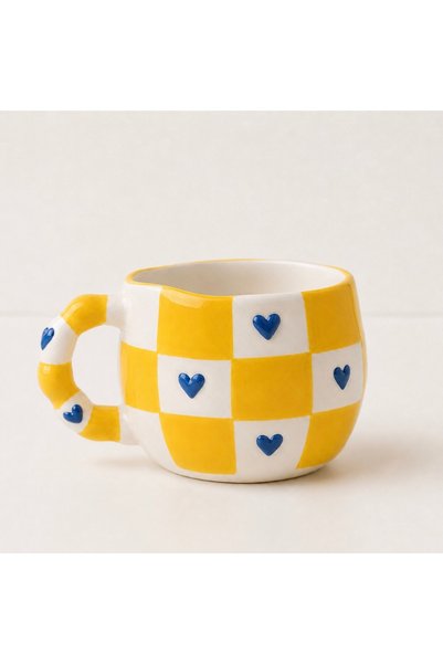 Çağ Seramik Fan Square Stripe Heart Patterned Handmade Ceramic Mug – Cream Coffee Cup with Yellow Handle