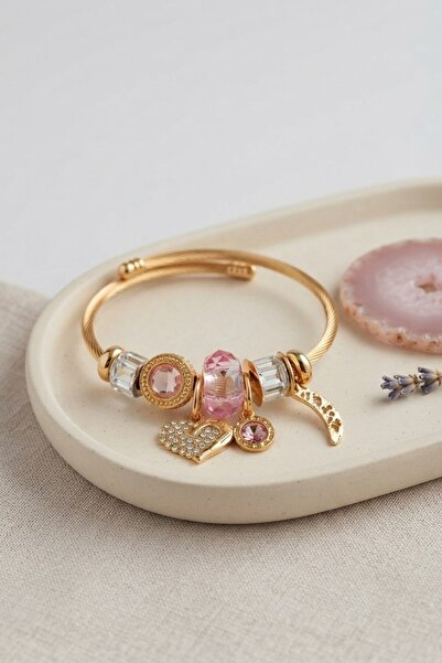 Clariss Heart Model Gold Color Pink Charm Bracelet