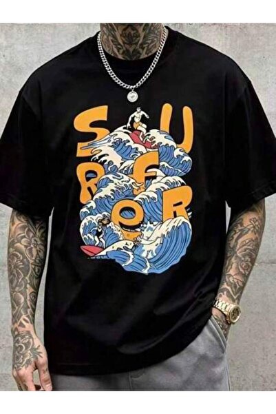 9JY Men Casual T Shirt Surfer Retro Ocean Wave Surf Cartoon Print Crew Neck S...