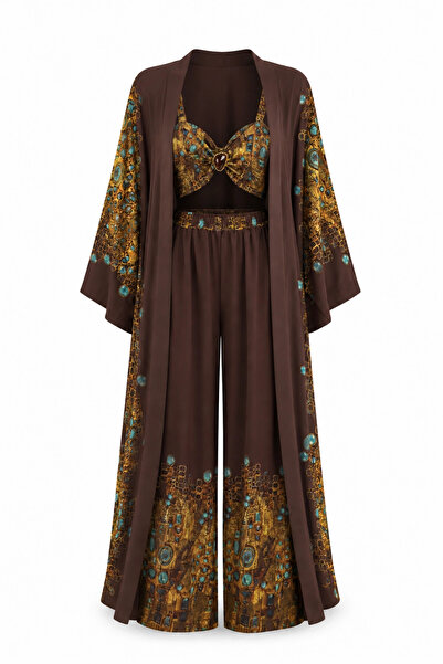 Purple by Banu Kahverengi Desenli Üçlü Kimono Takım