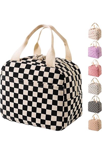 STARSTAR Black & White Checkered Insulated Corduroy Lunch Bag, Large Capacity...