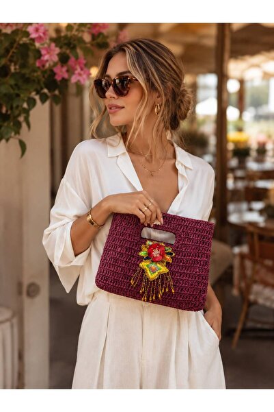PİNKBAG حقيبة يد مصنوعة يدويًا من الرافيا بلون البرقوق