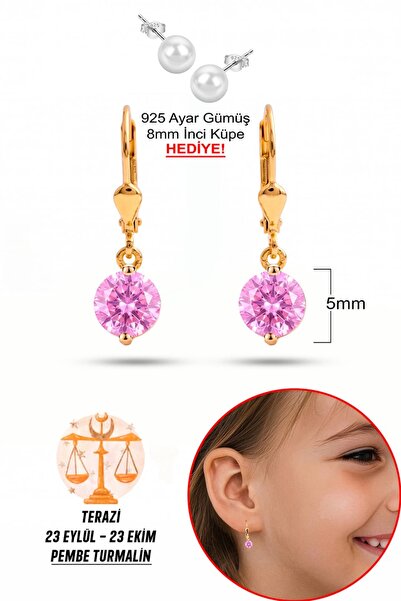 klas gümüş 925 Ayar Gümüş Çocuk Küpesi |5 mm Pembe Turmalin Taşlı Sallantılı ...