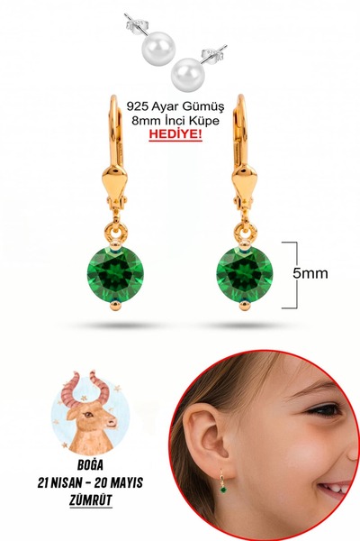klas gümüş 925 Ayar Gümüş Çocuk Küpesi |5 mm Zümrüt Taşlı Sallantılı Küpe |Bo...