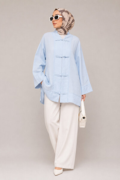 ShopFast Biye Düğmeli V Yaka Organze Vual Oversize Kimono