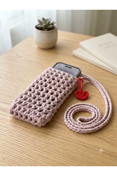 Kadın El Örgüsü Telefon Çantası Kalp Detaylı Çapraz Askılı Mini File Omuz Çantası Hediyelik