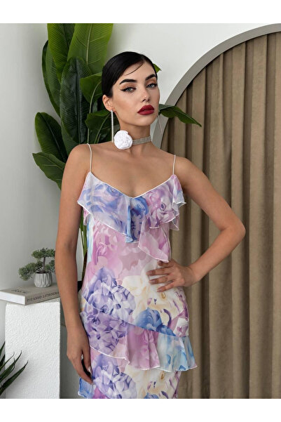 Moda Days فستان نسائي طويل بتصميم زهري وياقة على شكل V مع أشرطة أرجوانية