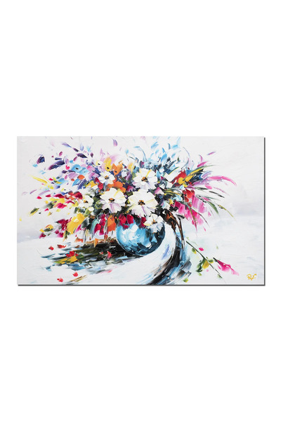 artnova 3D картина Ваза с бели цветя, ръчно рисувана, за хол, спалня, 100x60с...