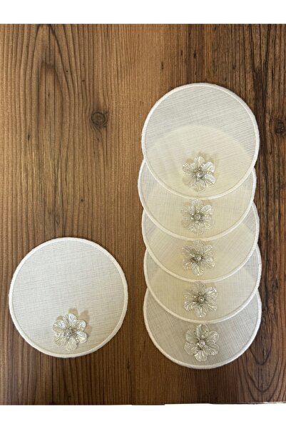 NURHAN HOME COLLECTION 6 Pieces of Ecru Round Coffee Napkins with Silver Dais...