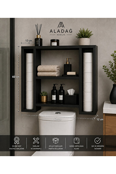 ALADAĞ HOME MDF Klozet Üstü Raf – Duvara Monte Banyo Rafı, Tuvalet Kağıdı Sta...