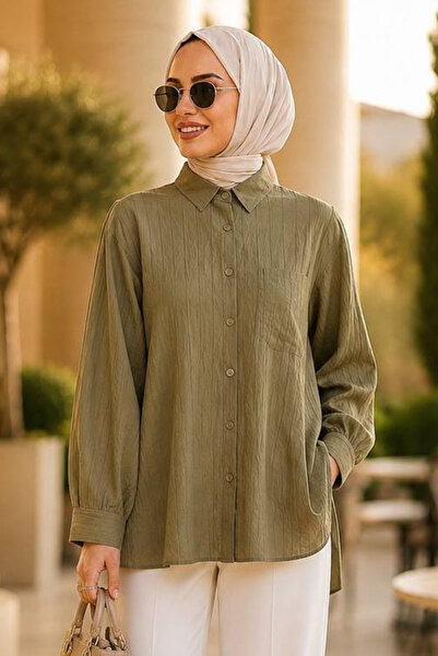 Neva Style Prugasta hijab košulja od bambusa u zelenoj boji 15587YY