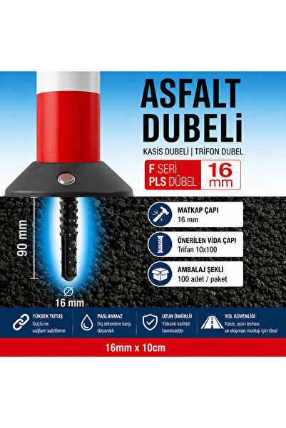 Akdeniz ASFALT DUBELİ + VİDA KASİS DUBELİ + VİDA TRİFON DUBEL 16MM x 10CM 10ADET