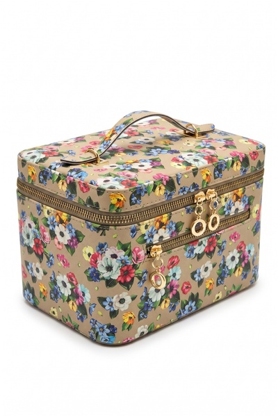 Moda fiesta Floral Patterned Makeup Bag with Mirror Travel Cosmetic Organizer Handbag 21X14X14 cm