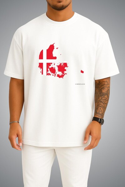 Bahriyeli Collection Oversize Denmark Flag and Map Chest Printed Unisex T-Shirt