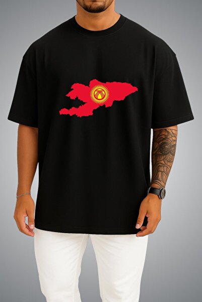 Bahriyeli Collection Oversize Kyrgyzstan Flag and Map Chest Printed Unisex T-...