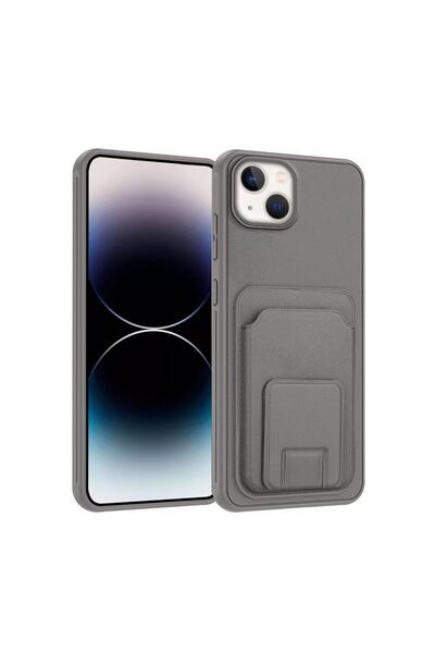 Zebana Apple iPhone 15 Uyumlu Kılıf FlexStand Kartlıklı Silikon Kılıf Gri