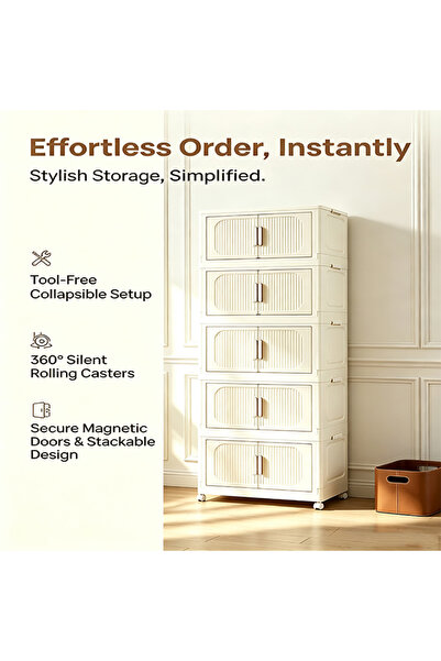 CozyWorld 45cm Wide 6-Layer Folding Storage Cabinet, Double Doors with Oval P...