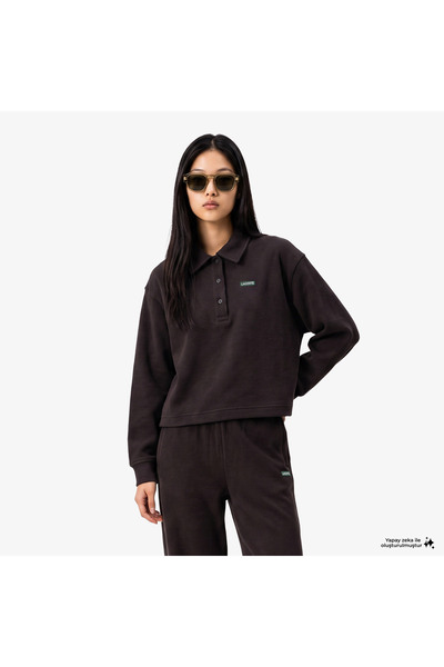 Lacoste Kadın Oversize Fit Polo Yaka Kahverengi Sweatshirt