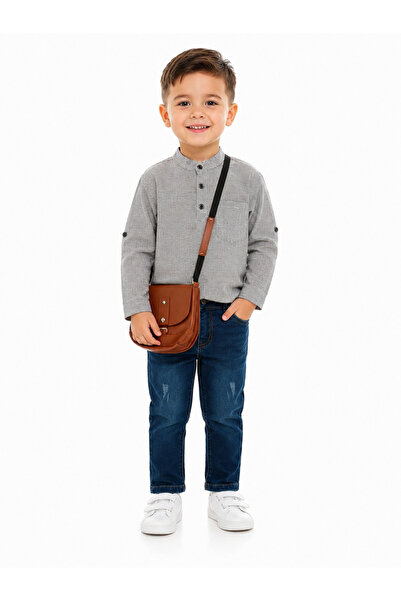 gülerçocuk Boy's Elegant Collar Striped Shirt Jean Pants Bag Set Stylish Comb...