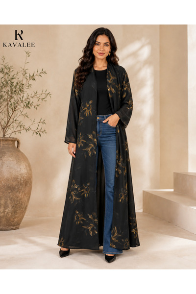 KAVALEE Women’s Black & Gold Floral Print Abaya – Elegant Full-Length Modest ...