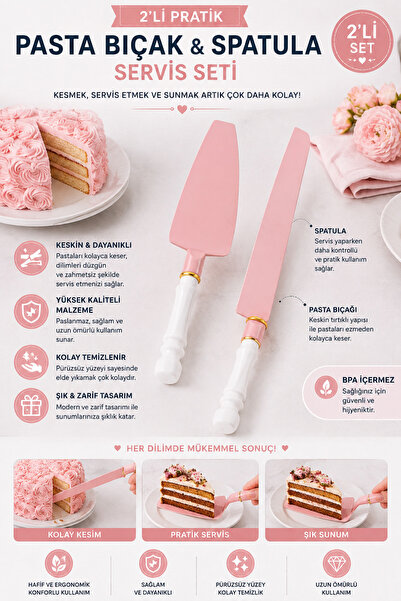 LUCES DESİGN 2-Piece Practical Cake Knife & Spatula Serving Set Plastic