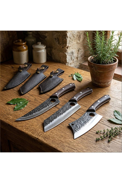 Klyte 3-Piece Kitchen Knife Set with Sheaths, Ultra-Sharp Boning & Cleaver Kn...